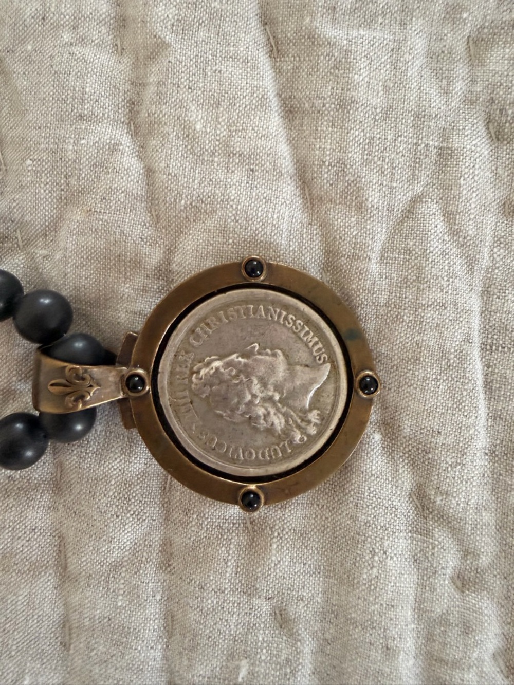 Black Beaded Necklace with Coin Pendant - Picture 3 of 5